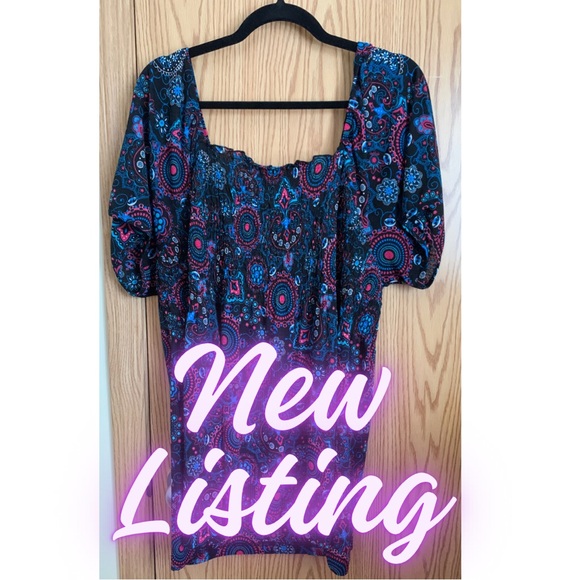 🚨SOLD🚨Blouse 3X, smocking, elastic hem on sleeves, black with vibrant pattern - Picture 9 of 9